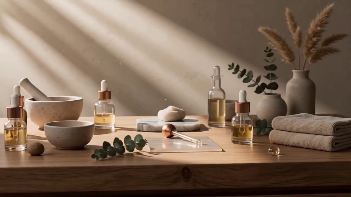 Pflege&ouml;le, Eukalyptus und Handt&uuml;cher auf einem Holztisch im Morgenlicht